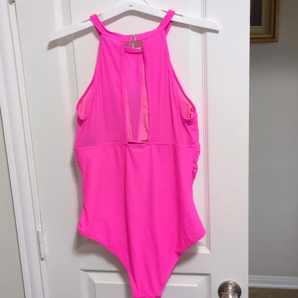 Pink High Neck Mesh Ruched One Piece Swimsuit Size 16W - Picture 5 of 8